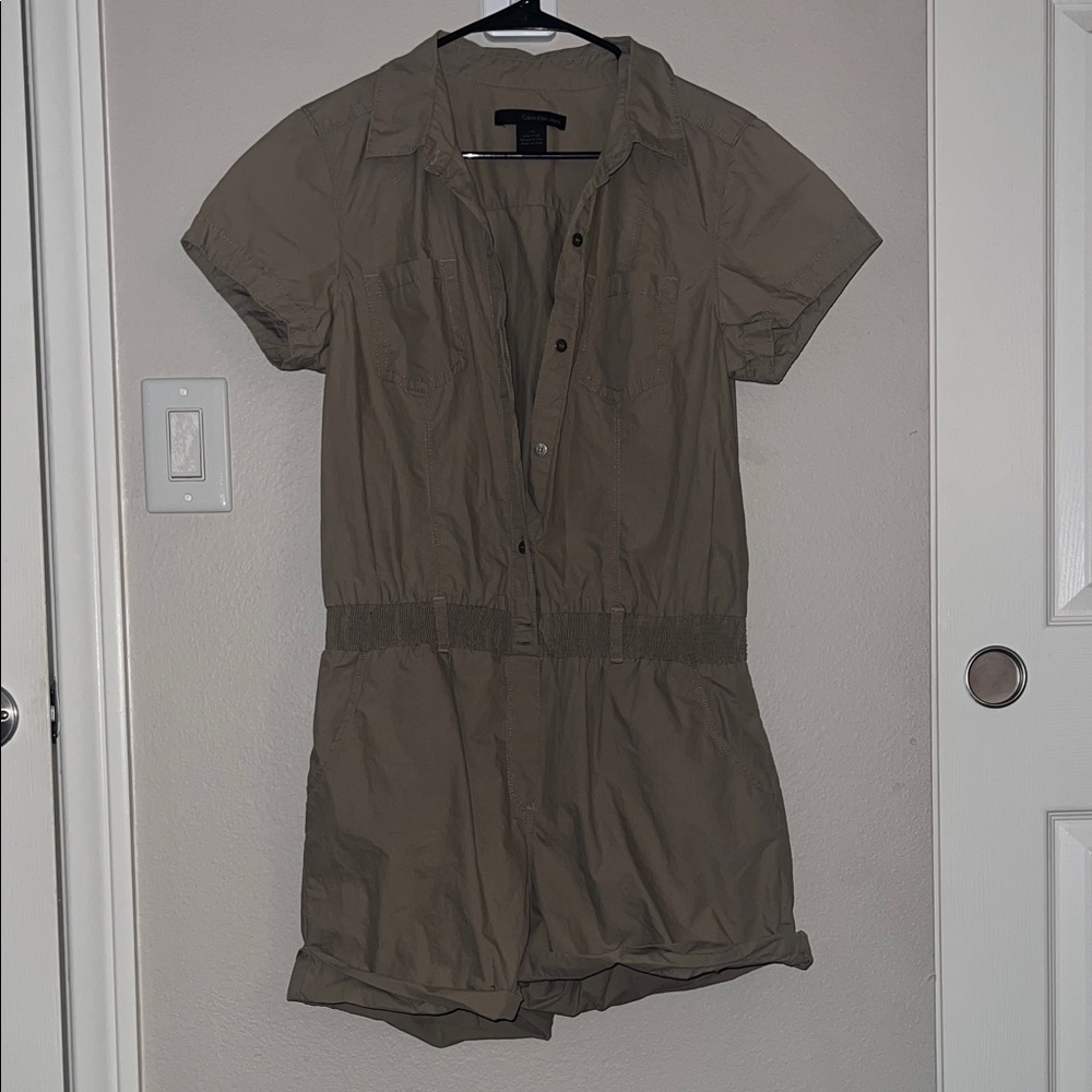 Calvin Klein Jeans Short Sleeve Utility Romper in Olive Brown